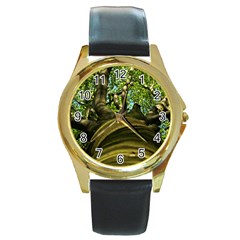 Tree Round Metal Watch (gold Rim)  by Siebenhuehner