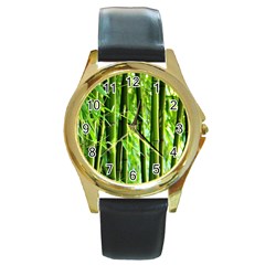 Bamboo Round Leather Watch (gold Rim)  by Siebenhuehner