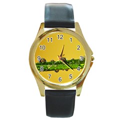 Drops Round Leather Watch (gold Rim)  by Siebenhuehner