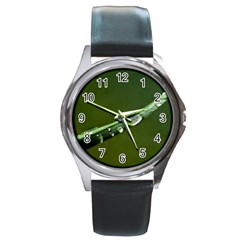 Grass Drops Round Leather Watch (silver Rim)