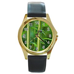 Bamboo Round Leather Watch (gold Rim) 