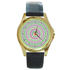 Mandala Round Leather Watch (gold Rim)  by Siebenhuehner