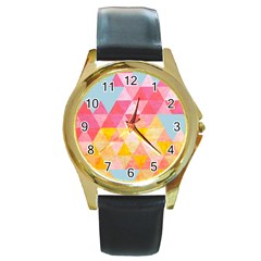 Pastel Triangles Round Leather Watch (gold Rim) 