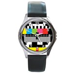 Test Pattern Round Leather Watch (Silver Rim) Front