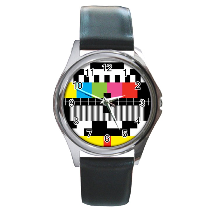 Test Pattern Round Leather Watch (Silver Rim)