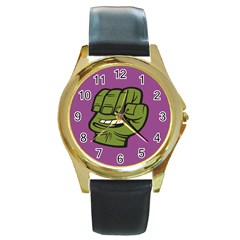 Hulk Smash Round Leather Watch (gold Rim) 