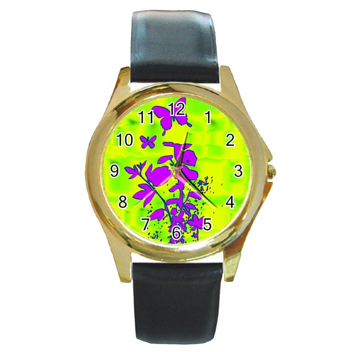 Butterfly Green Round Leather Watch (Gold Rim) 