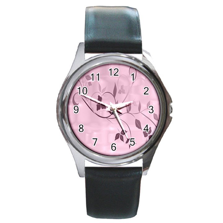 Floral Purple Round Leather Watch (Silver Rim)