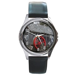 Vermont Christmas Barn Round Leather Watch (silver Rim) by plainandsimple