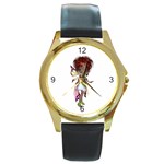 Fairy magic faerie in a dress Round Leather Watch (Gold Rim)  Front