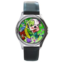 Pug Round Leather Watch (silver Rim)