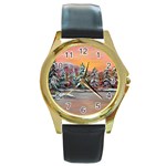  Jane s Winter Sunset   by Ave Hurley of ArtRevu ~ Round Gold Metal Watch Front