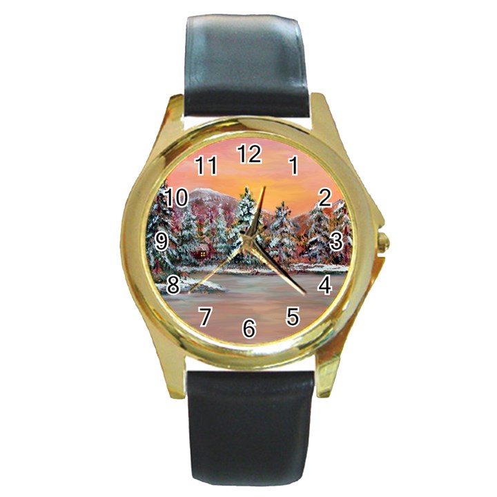  Jane s Winter Sunset   by Ave Hurley of ArtRevu ~ Round Gold Metal Watch