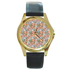 Allover Graphic Brown Round Leather Watch (gold Rim) 