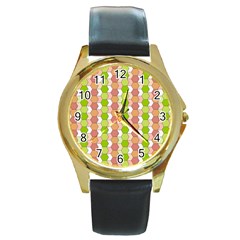 Allover Graphic Red Green Round Leather Watch (gold Rim)  by ImpressiveMoments