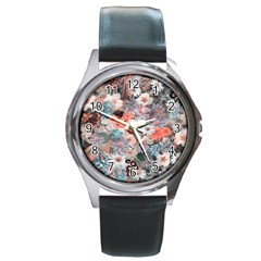 Spring Flowers Round Leather Watch (silver Rim)