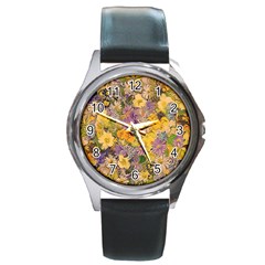 Spring Flowers Effect Round Leather Watch (silver Rim)