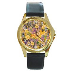 Spring Flowers Effect Round Leather Watch (gold Rim) 