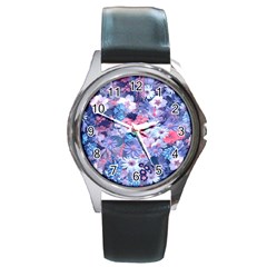 Spring Flowers Blue Round Leather Watch (silver Rim)