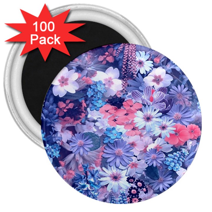 Spring Flowers Blue 3  Button Magnet (100 pack)