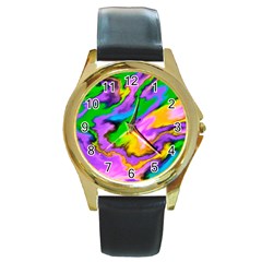 Crazy Effects  Round Leather Watch (gold Rim)  by ImpressiveMoments