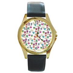 Happy Owls Round Leather Watch (gold Rim) 