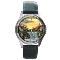 Brentons Waterfall - Ave Hurley - Artrave - Round Leather Watch (silver Rim) by ArtRave2