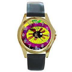 Abstract Round Leather Watch (gold Rim)  by Siebenhuehner