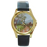  Amish Buggy Going Home  by Ave Hurley of ArtRevu ~ Round Gold Metal Watch Front