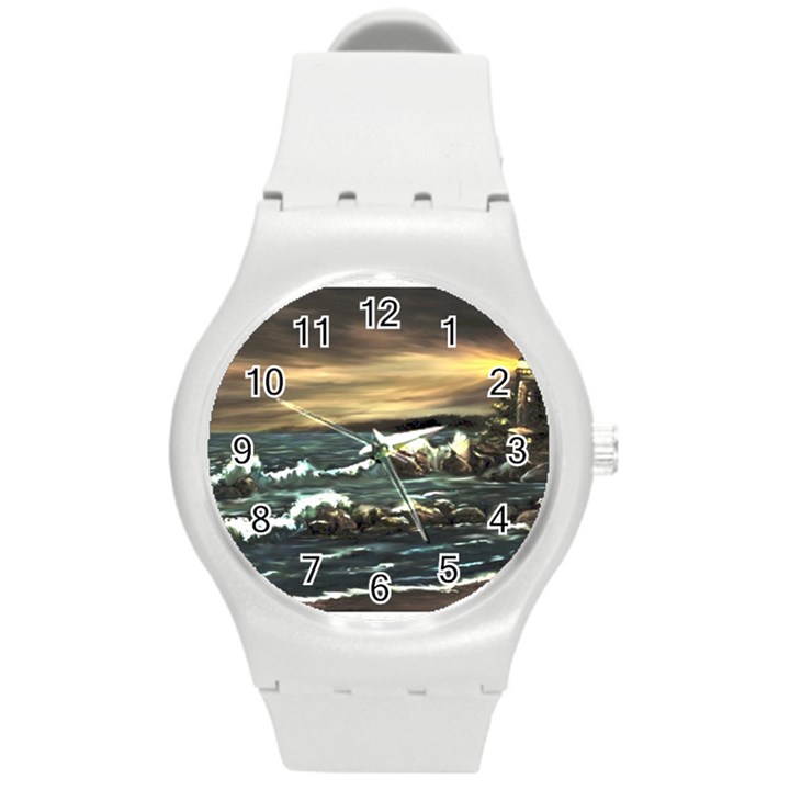  Bridget s Lighthouse   by Ave Hurley of ArtRevu ~ Round Plastic Sport Watch (M)