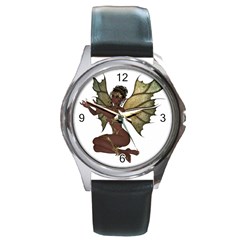 Faerie Nymph Fairy With Outreaching Hands Round Leather Watch (silver Rim) by goldenjackal