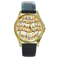 Autumn Owls Round Leather Watch (gold Rim) 