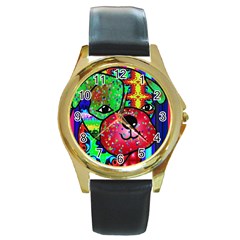 Pug Round Leather Watch (gold Rim) 