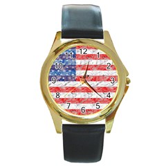 Flag Round Leather Watch (gold Rim) 