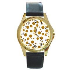 Tan Polka Dots Round Leather Watch (gold Rim) 