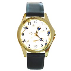 21st Birthday Keys Background Round Leather Watch (gold Rim) 