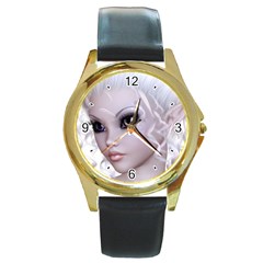 Fairy Elfin Elf Nymph Faerie Round Leather Watch (gold Rim) 