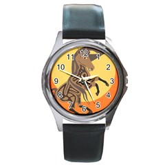 Embracing The Moon Copy Round Leather Watch (silver Rim)