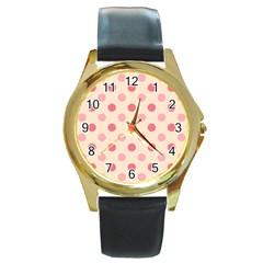 Pale Pink Polka Dots Round Leather Watch (gold Rim) 