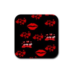 Red Hearts And Lips Rubber Coaster (square)