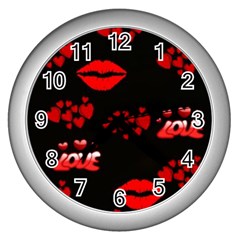 Red Hearts And Lips Wall Clock (silver) by Colorfulart23