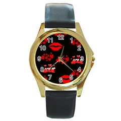 Red Hearts And Lips Round Gold Metal Watch by Colorfulart23