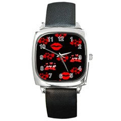 Love Red Hearts Love Flowers Art Square Leather Watch