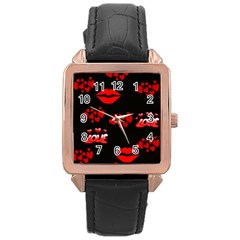 Love Red Hearts Love Flowers Art Rose Gold Leather Watch 