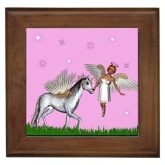 Unicorn And Fairy In A Grass Field And Sparkles Framed Ceramic Tile by goldenjackal