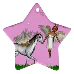 Unicorn And Fairy In A Grass Field And Sparkles Star Ornament