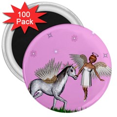 Unicorn And Fairy In A Grass Field And Sparkles 3  Button Magnet (100 Pack) by goldenjackal