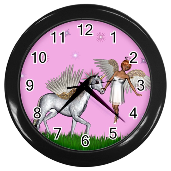 Unicorn And Fairy In A Grass Field And Sparkles Wall Clock (Black)