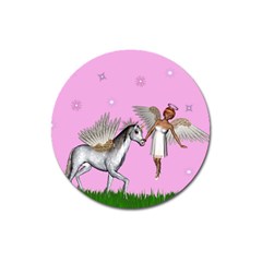 Unicorn And Fairy In A Grass Field And Sparkles Magnet 3  (round) by goldenjackal