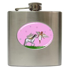 Unicorn And Fairy In A Grass Field And Sparkles Hip Flask by goldenjackal